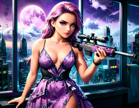 a portrait picture of a 1single woman sniper, standing in a window aiming a sniper rifle, an exotic beautiful woman sniper, dyna...