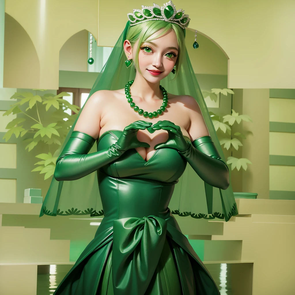 Emerald tiara, Green Pearl Necklace, ボーイッシュな非常に短いGreen Hair, Green Lips, Smiling Japanese woman, Very short hair, Busty beautiful lady, Green Eyes, Green satin long gloves, Green Eyes, Emerald Earrings, Green veil, Heart with both hands, Green Hair, Beautiful Japanese Woman, Heart shaped hands:1.3, green lip gloss