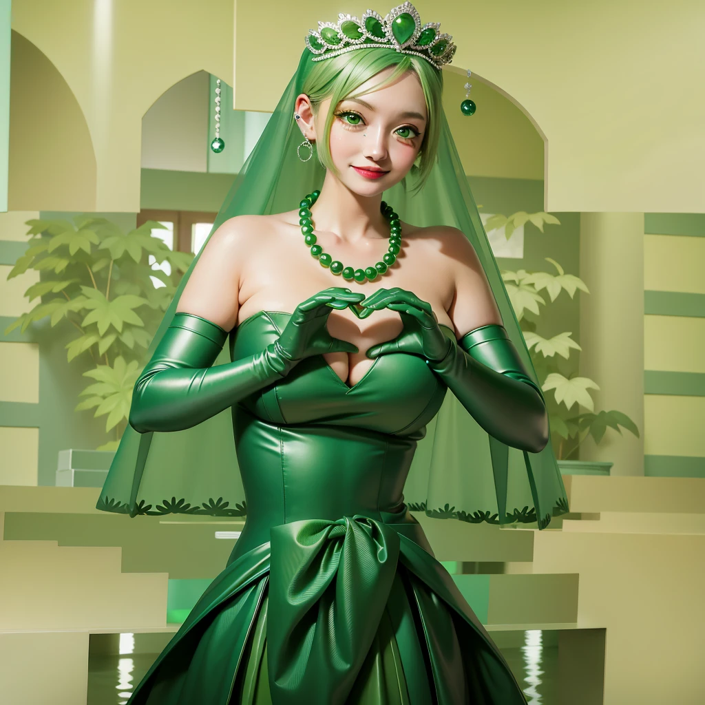 Emerald tiara, Green Pearl Necklace, ボーイッシュな非常に短いGreen Hair, Green Lips, Smiling Japanese woman, Very short hair, Busty beautiful lady, Green Eyes, Green satin long gloves, Green Eyes, Emerald Earrings, Green veil, Heart with both hands, Green Hair, Beautiful Japanese Woman, Heart shaped hands:1.3, green lip gloss