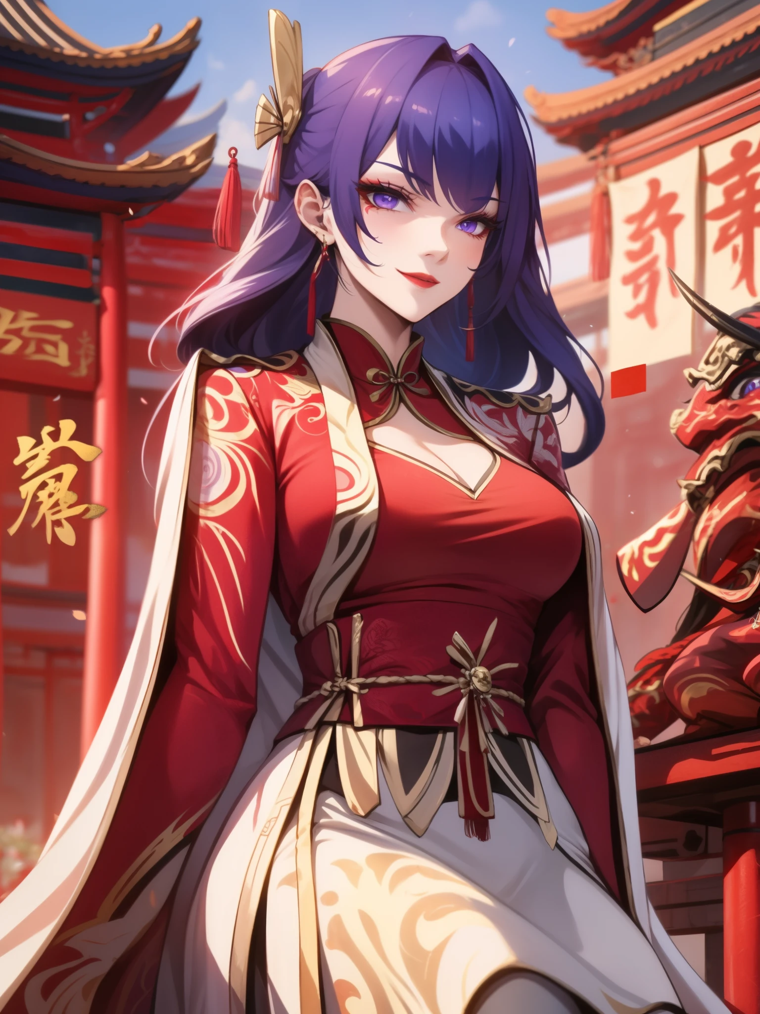 score_9, score_8_up, score_7_up, score_6_up, score_5_up, score_4_up, Raiden shogun, purple eyes, purple long hair, tied hair, hair in a bun, hairpin, traditional Chinese red wedding hanfu dress, Yourqipao Red Embroidery Chinese Xiuhe Hanfu Women's Satin Cheongsam Ancient Traditional Chinese Bride, Wedding Dress, Long Dresses, long earrings, red lipstick, detailed eyes, traditional wear, sexy attractive, hot, traditional, smiling widely, happy, blushing, lotuses, sitting,
