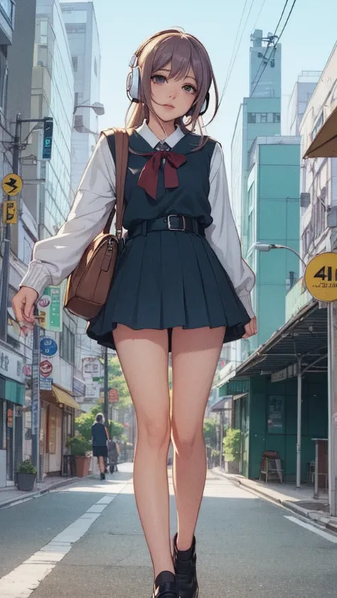 anime girls with headphones on walking across a busy city street, beautiful anime school girl, lofty girl, anime atmosphere, ani...