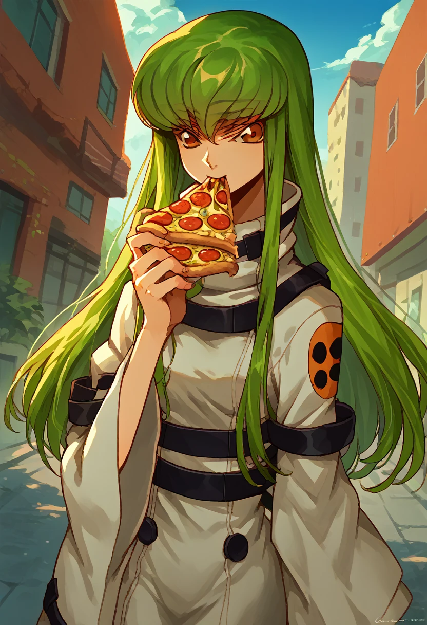 score_9, score_8_up, score_7_up, source_anime,
codegeasscc, cc, brown eyes, green hair, long hair, straight hair,
straitjacket, white straitjacket, wide sleeves,
Outdoors, eating, pizza,
looking at viewer, dutch angle, cowboy shot,