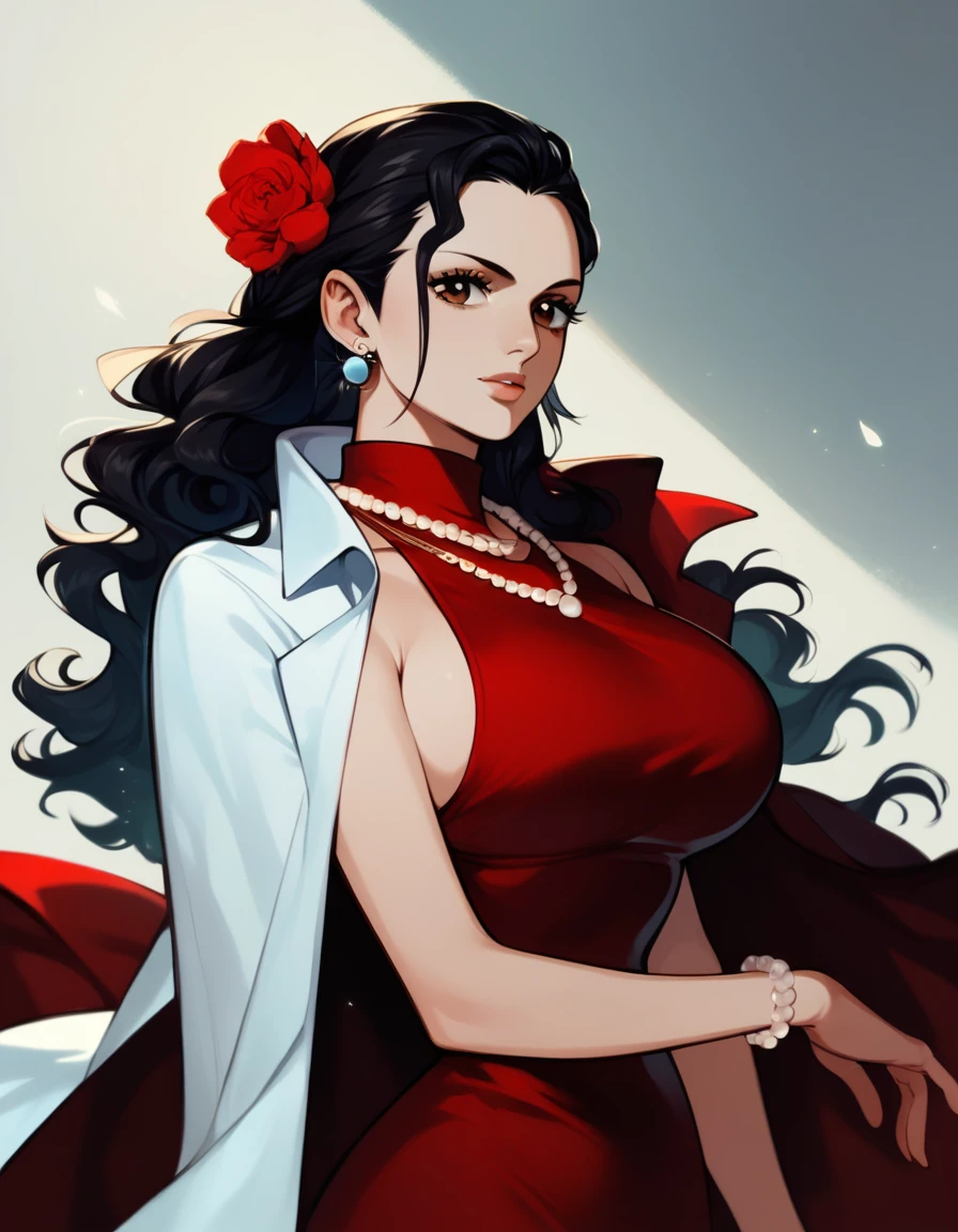 score_9,score_8_up,score_7_up,score_9,score_8_up,score_8,ultra detailed,beautiful face,highres BREAK ViolaOP,1girl,solo,long hair,large breasts,brown eyes,black hair,red dress,jacket,necklace,hair flower,pearl necklace,necklace,hair slicked back,earrings,cape on shoulders, cowboy shot,