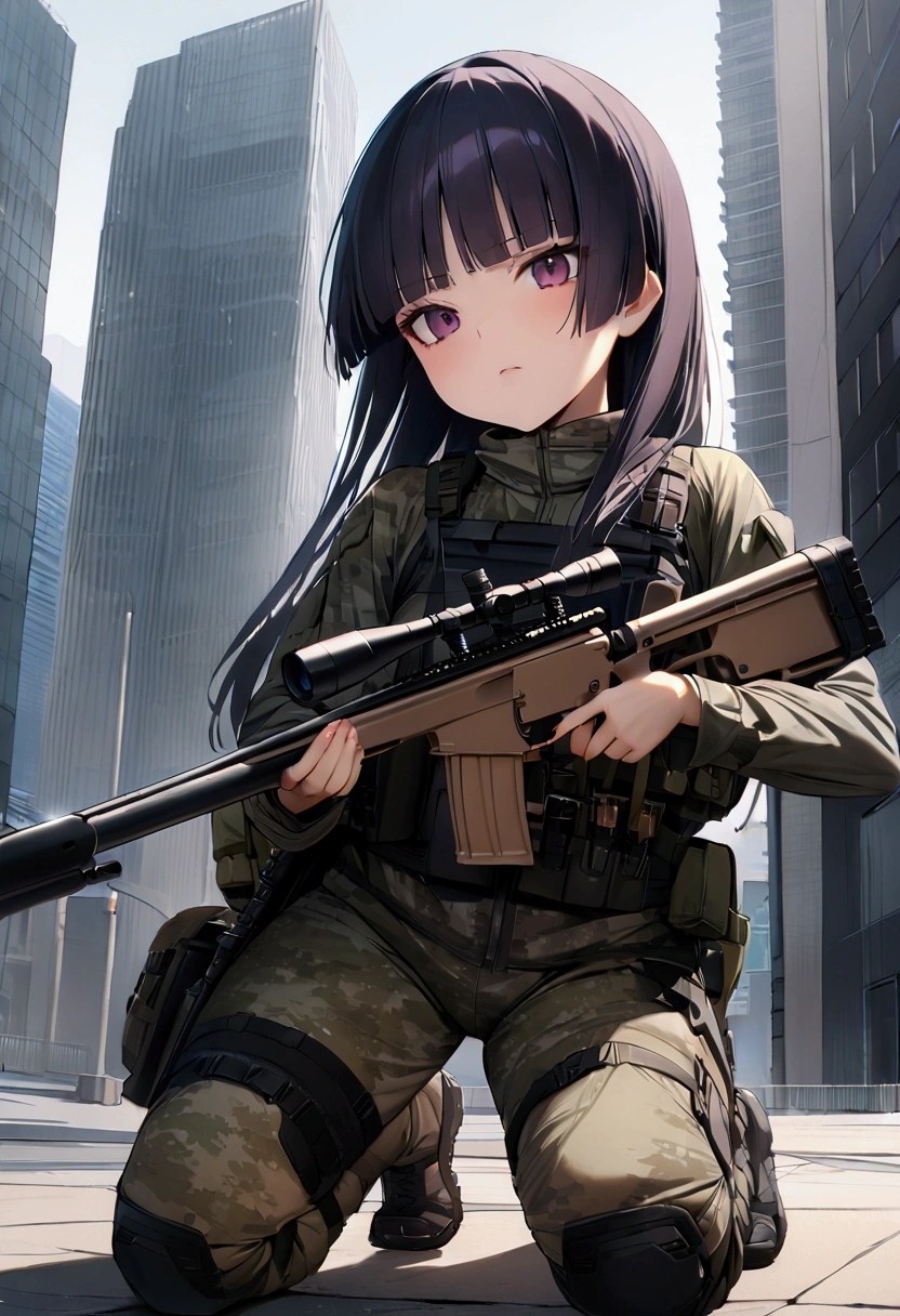 ruri gokou, (Ultra-high resolution), (masterpiece), (Attention to detail), (high quality), (最high quality) , 1 girl, alone,  Hime cut, Long Hair, ((Sniper)), Sniperライフル, Tactical Gear, Urban Background, skyscraper, Camouflage, Sniper pose, Serious expression, goggles, Urban Camo, Kneeling