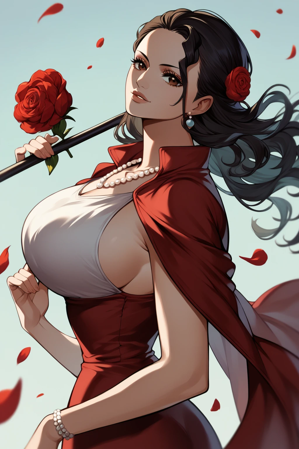 score_9,score_8_up,score_7_up,score_9,score_8_up,score_8,ultra detailed,beautiful face,highres BREAK ViolaOP,1girl,solo,long hair,large breasts,brown eyes,black hair,red dress,jacket,necklace,hair flower,pearl necklace,necklace,hair slicked back,earrings,cape on shoulders, cowboy shot,