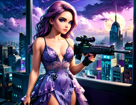 a portrait picture of a 1single woman sniper, standing in a window aiming a sniper rifle, an exotic beautiful woman sniper, dyna...