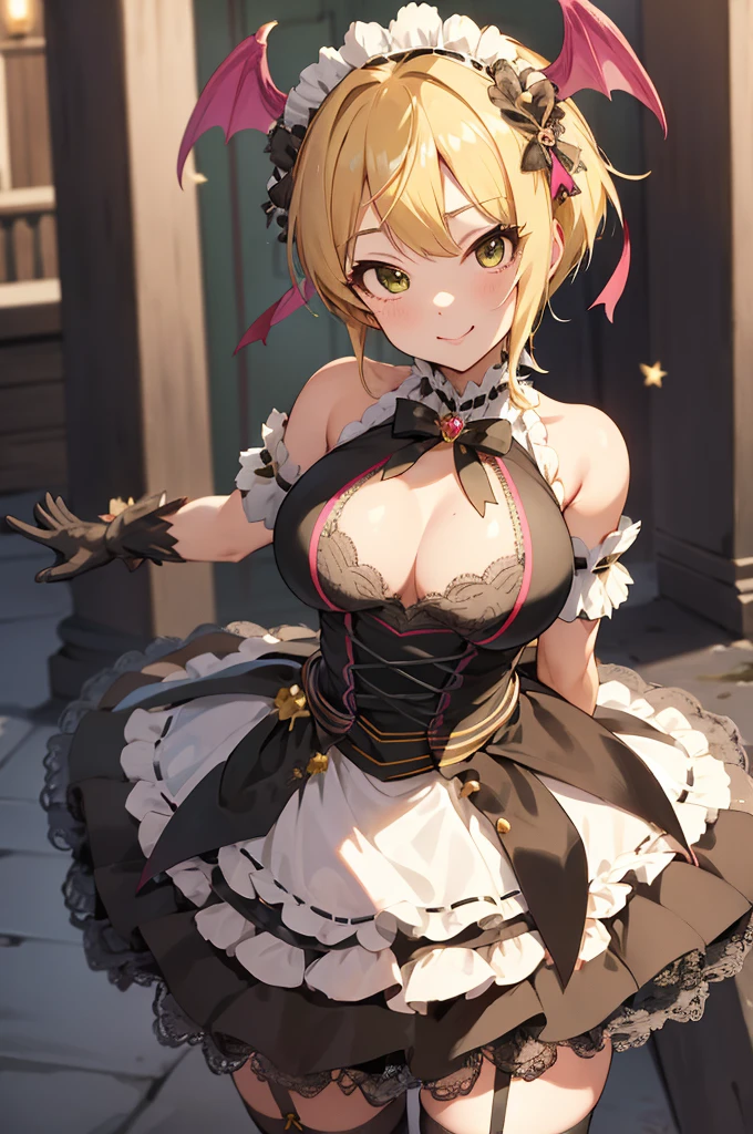 masterpiece, best quality, highres, hmfre, blonde hair, head wings, hair ornament, maid headdress, bow, bare shoulders, maid, cleavage cutout, black gloves, apron, garter straps, black thighhighs, idolmaster cinderella girls, smile, standing, cowboy shot, arms at sides, straight-on, outdoors