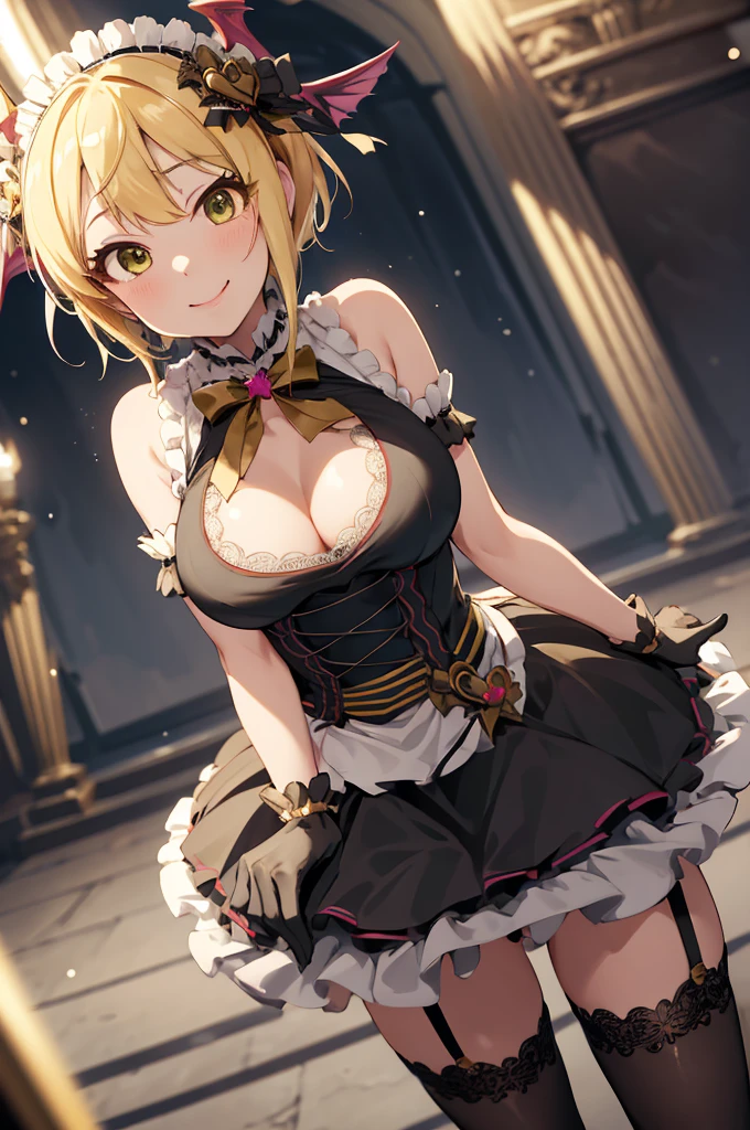 masterpiece, best quality, highres, hmfre, blonde hair, head wings, hair ornament, maid headdress, bow, bare shoulders, maid, cleavage cutout, black gloves, apron, garter straps, black thighhighs, idolmaster cinderella girls, smile, standing, cowboy shot, arms at sides, straight-on, outdoors