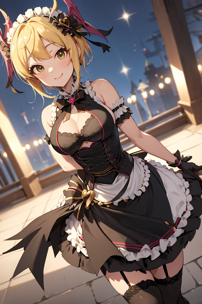 masterpiece, best quality, highres, hmfre, blonde hair, head wings, hair ornament, maid headdress, bow, bare shoulders, maid, cleavage cutout, black gloves, apron, garter straps, black thighhighs, idolmaster cinderella girls, smile, standing, cowboy shot, arms at sides, straight-on, outdoors