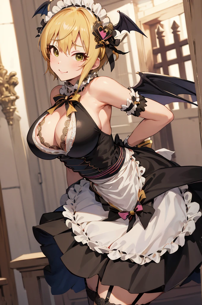 masterpiece, best quality, highres, hmfre, blonde hair, head wings, hair ornament, maid headdress, bow, bare shoulders, maid, cleavage cutout, black gloves, apron, garter straps, black thighhighs, idolmaster cinderella girls, smile, standing, cowboy shot, arms at face, straight-on, outdoors,huge breasts,pov