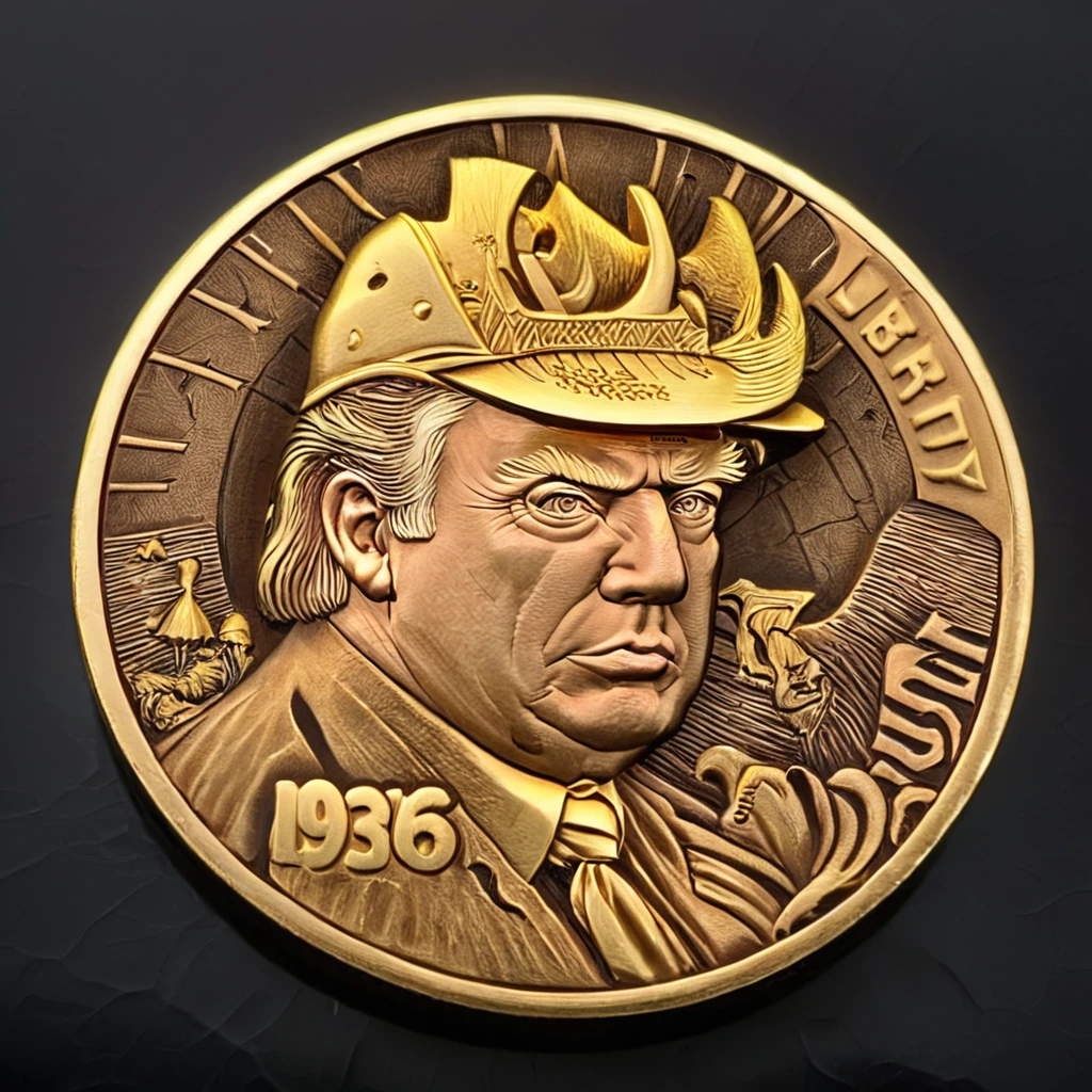 une photo de Donald Trump sculptant des pièces d&#39;or du CN, Éclairage CNL, Texture CNL, haute résolution, belle, la plus haute qualité, oeuvre d&#39;art, très détaillé