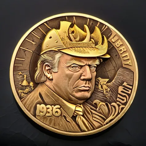 a photo of Donald Trump carving cnl gold coins, CNL Lighting, CNL Texture, high resolution, comely, highest quallity, work of ar...