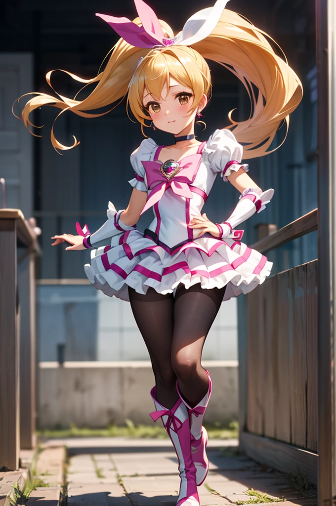 masterpiece, Highest quality, High resolution, One girl, alone,ponytail, Long Hair、Blonde, Brown eyes,Jail、((Cure Rhythm))、(Thigh-high boots)、pantyhose