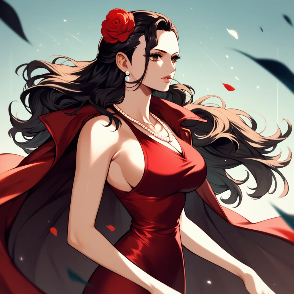 score_9,score_8_up,score_7_up,score_9,score_8_up,score_8,ultra detailed,beautiful face,highres BREAK ViolaOP,1girl,solo,long hair,large breasts,brown eyes,black hair,red dress,jacket,necklace,hair flower,pearl necklace,necklace,hair slicked back,earrings,cape on shoulders, cowboy shot,