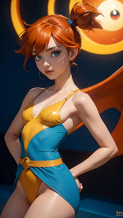 misty de pokémon, sexy girl, small, half naked, classic costume, dressed, short de mezclilla azul, top yellow, tirantes, young, ...