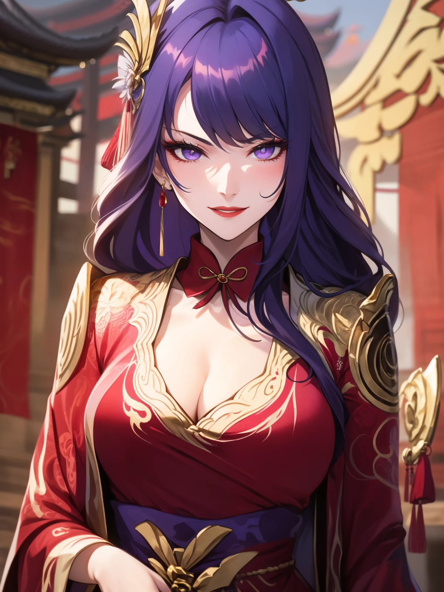 score_9, score_8_up, score_7_up, score_6_up, score_5_up, score_4_up, Raiden shogun, purple eyes, purple long hair, tied hair, hair in a bun, hairpin, traditional Chinese red wedding hanfu dress, Yourqipao Red Embroidery Chinese Xiuhe Hanfu Women's Satin Cheongsam Ancient Traditional Chinese Bride, Wedding Dress, Long Dresses, Long Earrings, Red Lipstick, Detailed Eyes, Traditional Wear, Sexy Attractive, Hot, Traditional, Smiling Wide, Happy, Blush, Gold Jewelry, Gold Earrings, Gold Headpiece and Ring, Gold Necklace, Gold Trimmed hanfu, beautiful bride.