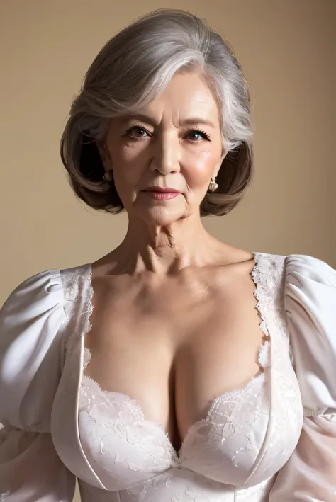 80-year-old woman、Facial wrinkles、beauty、rauall gown, Sweet Lolita, Puff sleeves,Big Breasts,to be able to see nipple