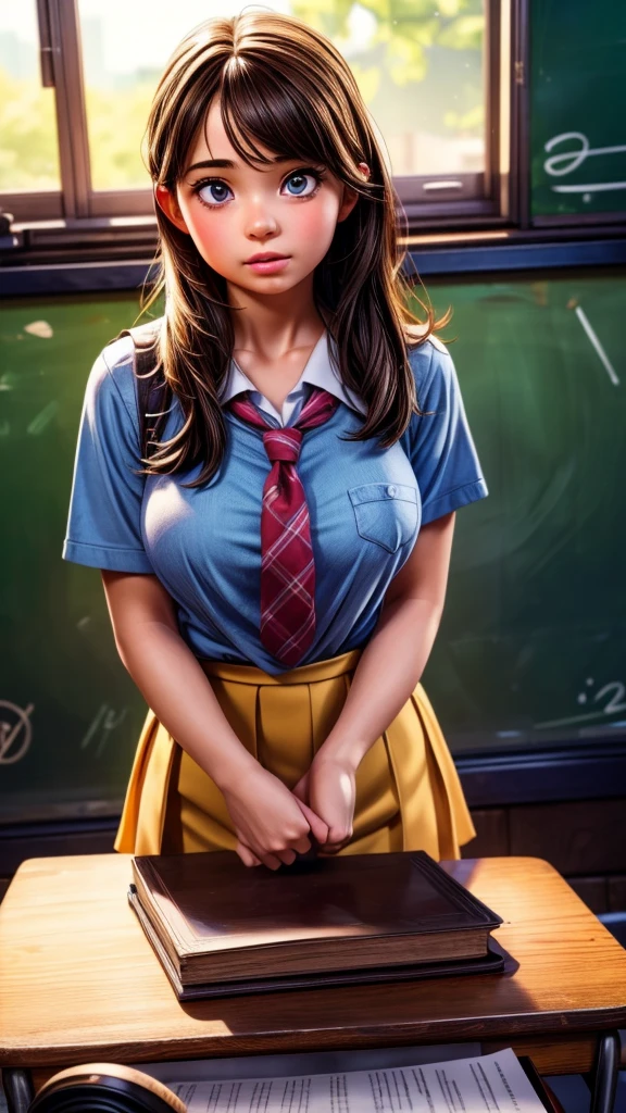 a schoolgirl in a classroom intimately with her teacher, beautiful detailed eyes, beautiful detailed lips, extremely detailed eyes and face, long eyelashes, school uniform, classroom interior, desks, chalkboard, natural lighting, soft colors, photorealistic, cinematic lighting, highly detailed, masterpiece, (best quality,4k,8k,highres,masterpiece:1.2),ultra-detailed,(realistic,photorealistic,photo-realistic:1.37)