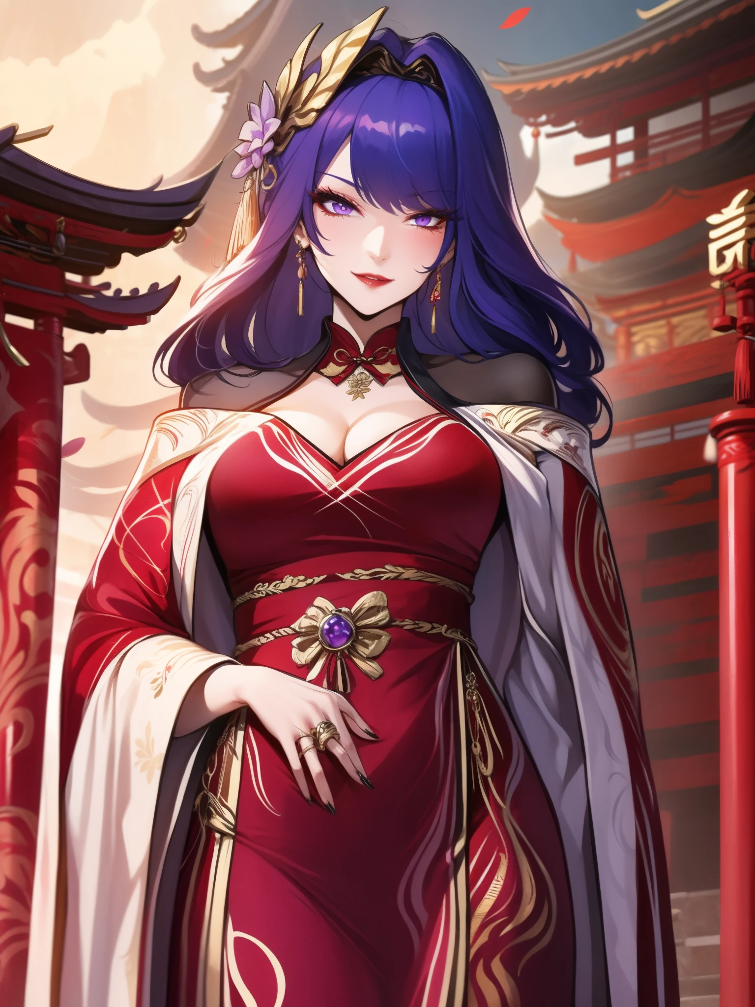 score_9, score_8_up, score_7_up, score_6_up, score_5_up, score_4_up, Raiden shogun, purple eyes, purple long hair, tied hair, hair in a bun, hairpin, traditional Chinese red wedding hanfu dress, Yourqipao Red Embroidery Chinese Xiuhe Hanfu Women's Satin Cheongsam Ancient Traditional Chinese Bride, Wedding Dress, Long Dresses, Long Earrings, Red Lipstick, Detailed Eyes, Traditional Wear, Sexy Attractive, Hot, Traditional, Smiling Wide, Happy, Blush, Gold Jewelry, Gold Earrings, Gold Headpiece and Ring, Gold Necklace, Gold Trimmed hanfu, beautiful bride.