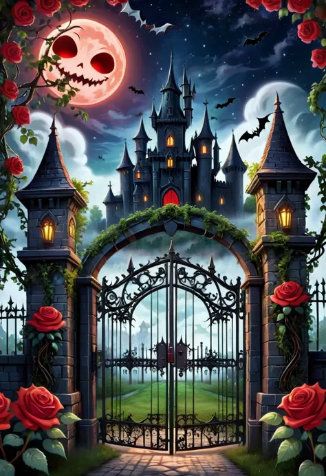 (symmetrical:1.3), (cute cartoon style:1.3), (gothic theme park), (huge iron gates open in the shape of a scary face) adorned wi...