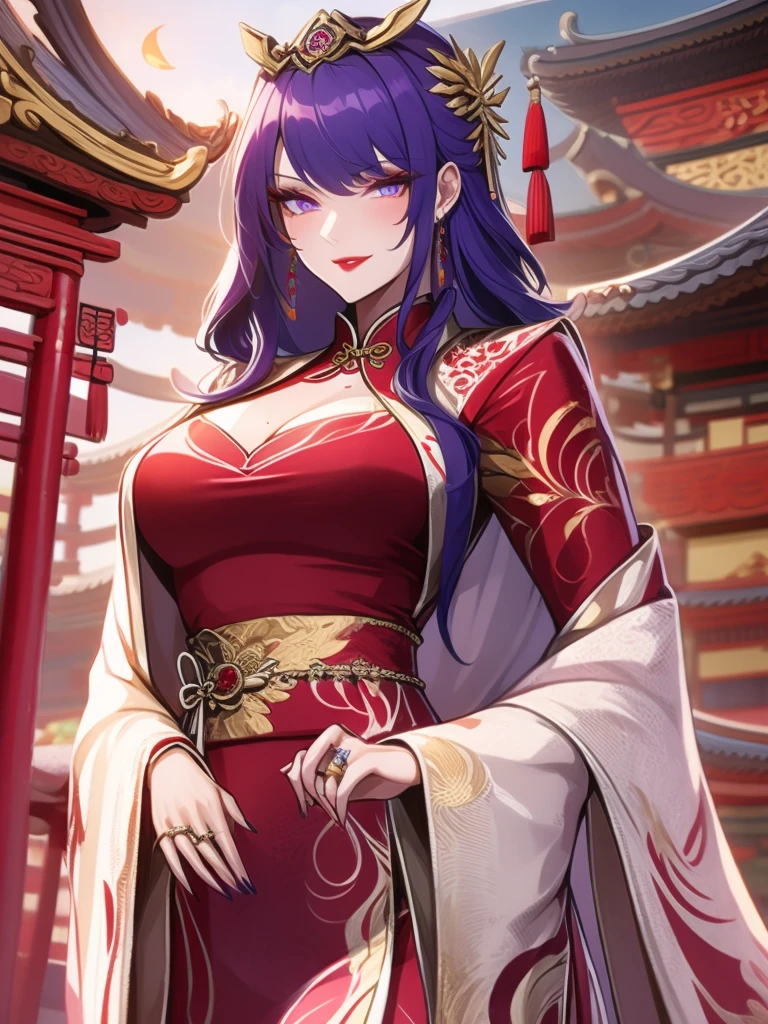 score_9, score_8_up, score_7_up, score_6_up, score_5_up, score_4_up, Raiden shogun, purple eyes, purple long hair, tied hair, hair in a bun, hairpin, traditional Chinese red wedding hanfu dress, Yourqipao Red Embroidery Chinese Xiuhe Hanfu Women's Satin Cheongsam Ancient Traditional Chinese Bride, Wedding Dress, Long Dresses, Long Earrings, Red Lipstick, Detailed Eyes, Traditional Wear, Sexy Attractive, Hot, Traditional, Smiling Wide, Happy, Blush, Gold Jewelry, Gold Earrings, Gold Headpiece and Ring, Gold Necklace, Gold Trimmed hanfu, beautiful bride.
