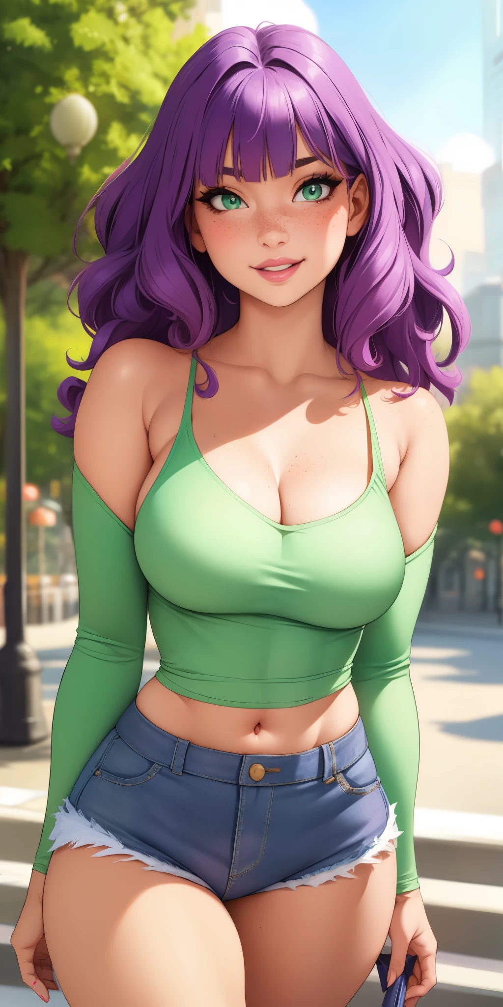 lindos seios médios, 1 garota, ((Cabelo roxo, cabelo ondulado com franja)) ((garota linda)) olhos verdes claros, tem um lindo corpo sensual com sardas, com seios fartos e cintura fina, HIP HOP Lindo e fofo Lindo shorts jeans médio e blusa manga longa, abdômen, tecido delicado, tem uma aparência ousada. jovem, qualidade, realista, best qualidade, expressão fofa, lábios de batom rosa, Sorriso fofo, inclinando-se, No parque andando, lindas árvores