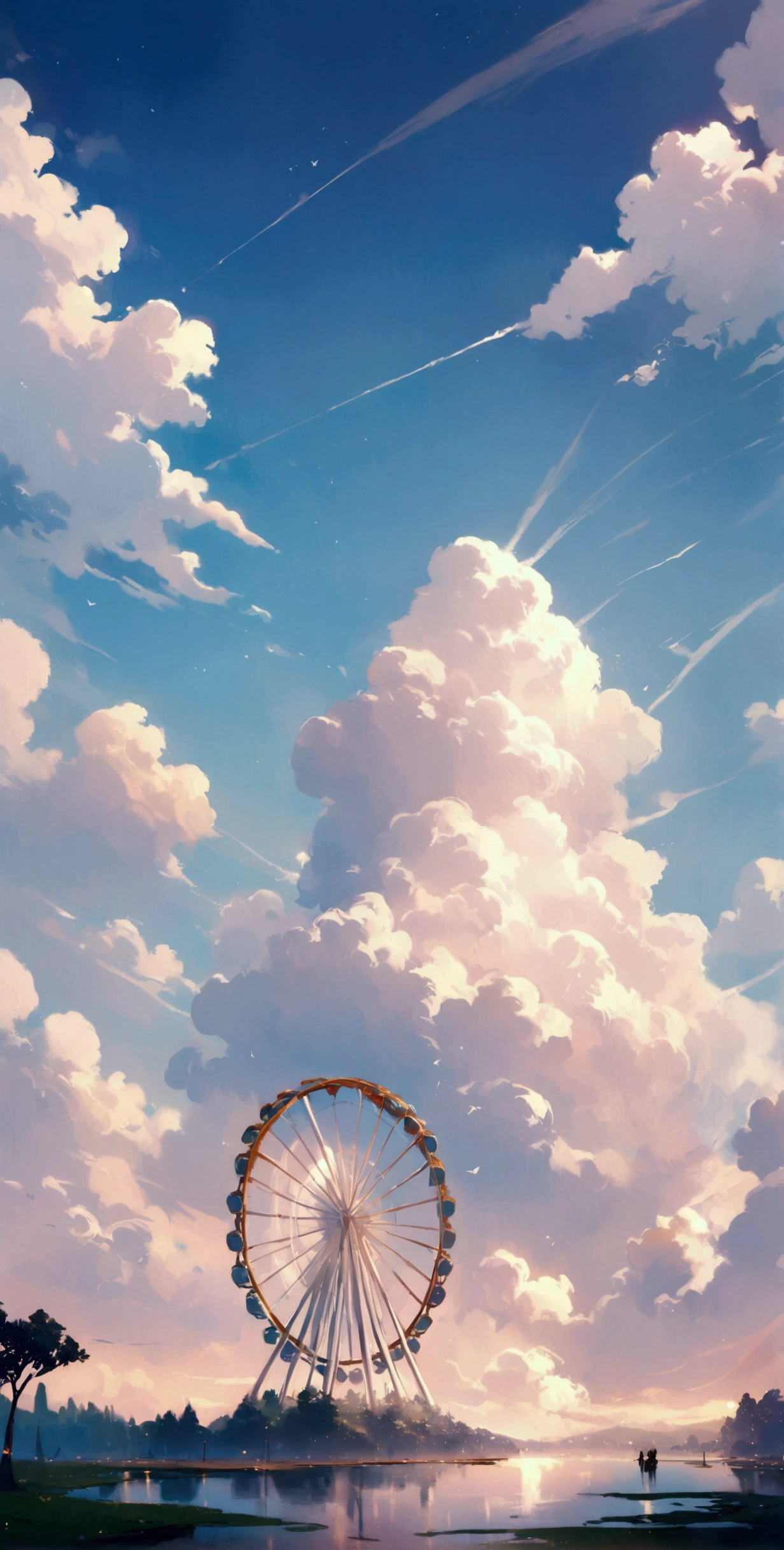 A ferris wheel, far away, beautiful sky, ethereal, magical, inspiring, no people, 