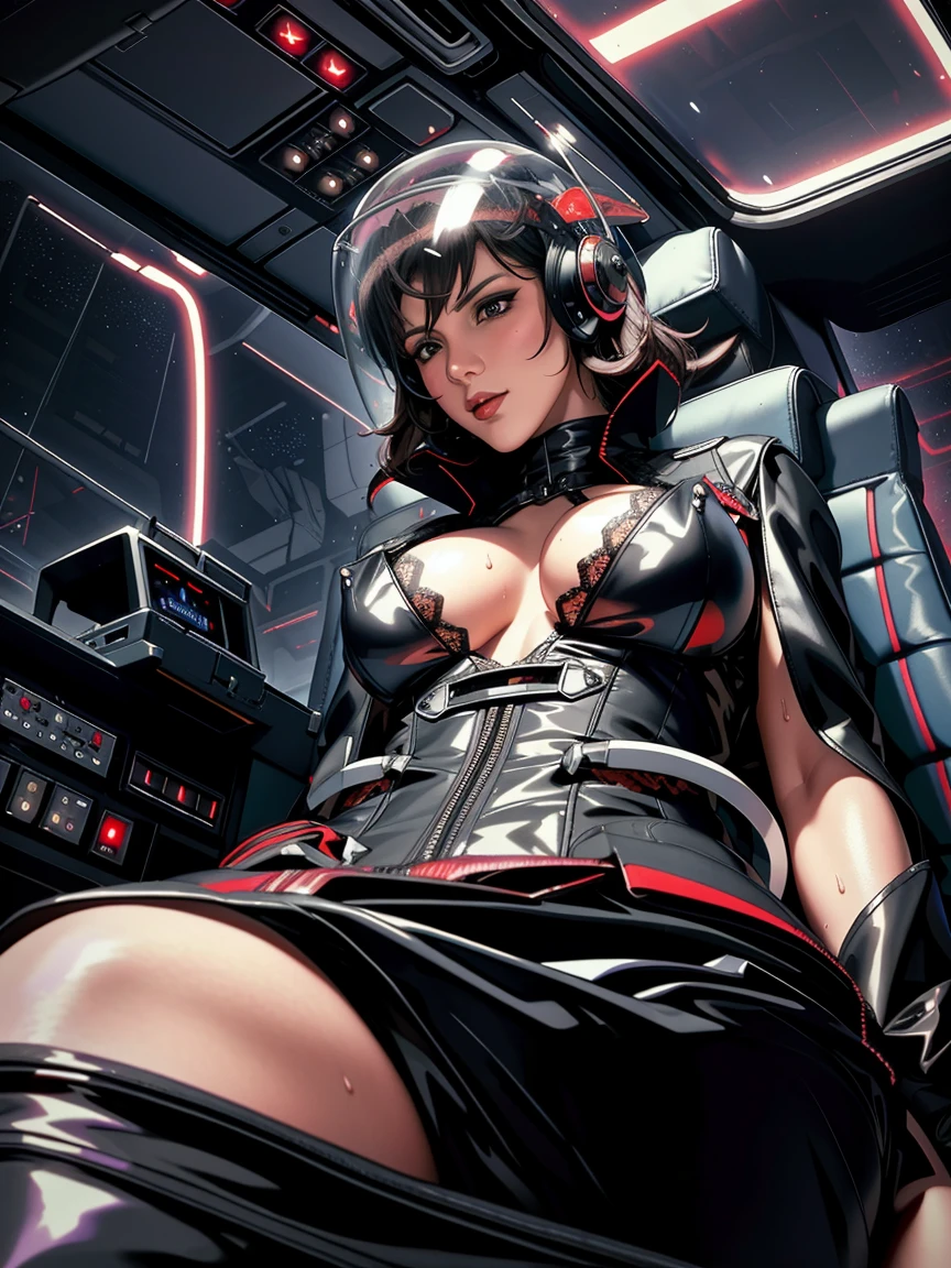 ((gothic vampire piloting in gothic spacecraft)), (((retro anime))), ((from below)), ((120 fov)), ((((gothic)) control panels)), (((mature))), (((gothic))), iridescent bodysuit, (((lace accessories))), ((pilot seat)), ((((lying back)) pose)), (((elegant))), (((serious tone))), ((cockpit top control panel)), intricate control panel details, close-up, 1990s (style), masterpiece, ((claustrophobic)), best quality, screens, ((pilot helmet)), night, low key lighting, (colorful cockpit lights), sparkles, (dramatic lighting), sweat, wet, [blushing], [[[pointy ears]]]