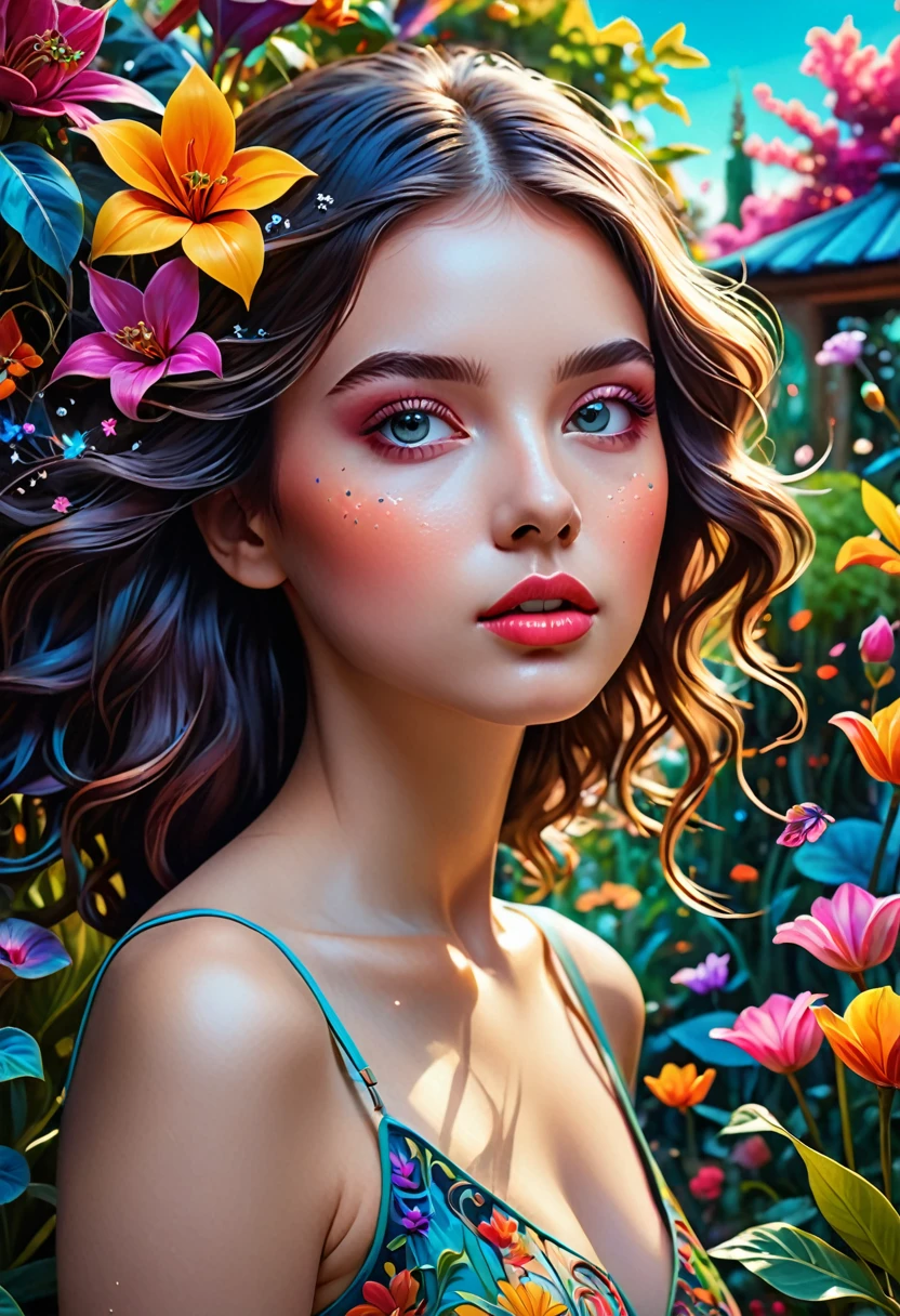 a girl, bright eyes and ultra-long eyelashes, in a surreal and intricate garden of infinite possibilities, lost in a chaotic and unpredictable world, surrounded by vibrant and mesmerizing colors. The garden is filled with unique and quirky plants and creatures, creating a sense of wonder and curiosity. 
The girl has deep, expressive eyes, beautifully detailed, capturing the essence of her emotions and thoughts. Her lips are also beautifully detailed, reflecting her innermost desires and dreams. She has an aura of mystery and intrigue, drawing people to her. Her face is extremely detailed, with long eyelashes that add to her captivating presence.

The garden is made with the highest level of skill, resembling a masterpiece of art. It combines multiple mediums such as illustrations, oil paintings, and 3D renderings, creating a visually stunning and immersive experience.

Every corner of the garden is filled with ultra-detailed elements, from the intricate textures on the flower petals to the fine details. The level of detail is so high that it looks almost realistic and photorealistic. The colors are bright and vibrant, with neon highlights that add a touch of excitement and futuristic aesthetics.

In perfect half length, the girl wanders through the garden, she is surrounded by an epic and complex landscape. The sky is filled with an abundance of stars, creating an ethereal and dreamlike atmosphere. The transition between day and night is captured in the late afternoon where the colors blend harmoniously, creating a feeling of tranquility and serenity.
This ultra HD artwork is a true masterpiece, capturing the essence of the girl's journey through the garden of random wonders. It is a visual representation of the infinite possibilities that exist in our dreams and the beauty that can be found in the most unexpected places.