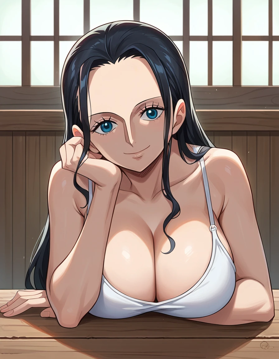 score_9, score_8_up, score_7_up, source_anime, best quality, clear face, 1girl, Nico Robin, black hair, long hair, blue eyes, large breasts, white camisole, cleavage, smile, looking at viewer, indoor, from front, upper body, head rest, wood table, breasts on table