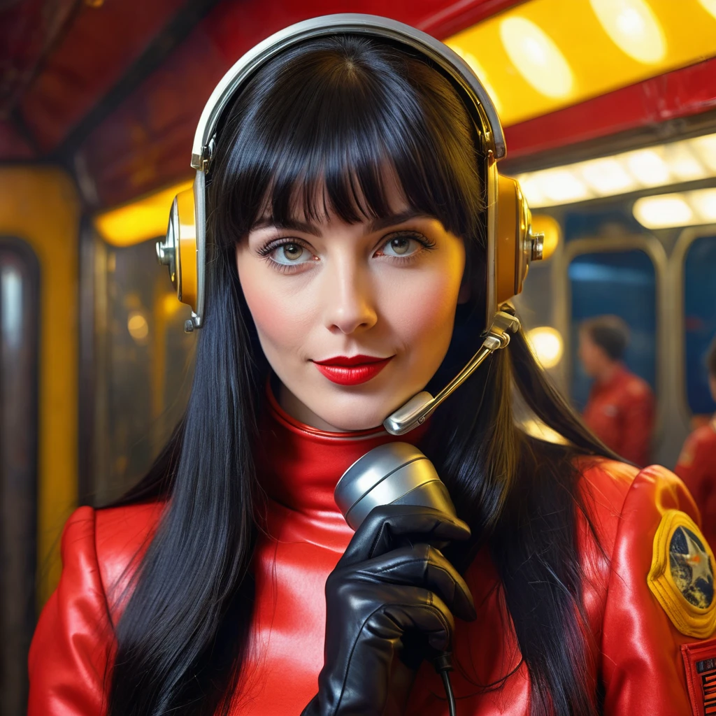 High-quality realistic acrylic art, vivid colors, lateral point of view, a beautiful vintage european woman with long black straight hair, bangs, looking at the viewer with suspicious face and a shy smile, she wears red vintage space suit, gloves, holding a sophisticated cell phone yellow lights, background space militar facilty