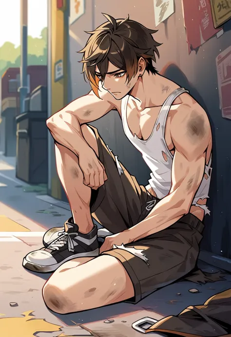Masterpiece, best quality,highres, Zhongli, sitting on ground, white tank top, shorts,poor,torn clothes , dirty,poor street,sad