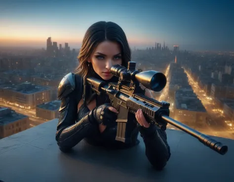 a portrait picture of a 1single woman sniper, standing in a window aiming a sniper rifle, an exotic beautiful woman sniper, dyna...