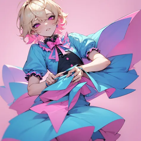 boy, male, short blonde hair, fluffy hair, blue and pink lolita dress, pastel, lolita, pastel goth, cute, adorable, femboy, man,...