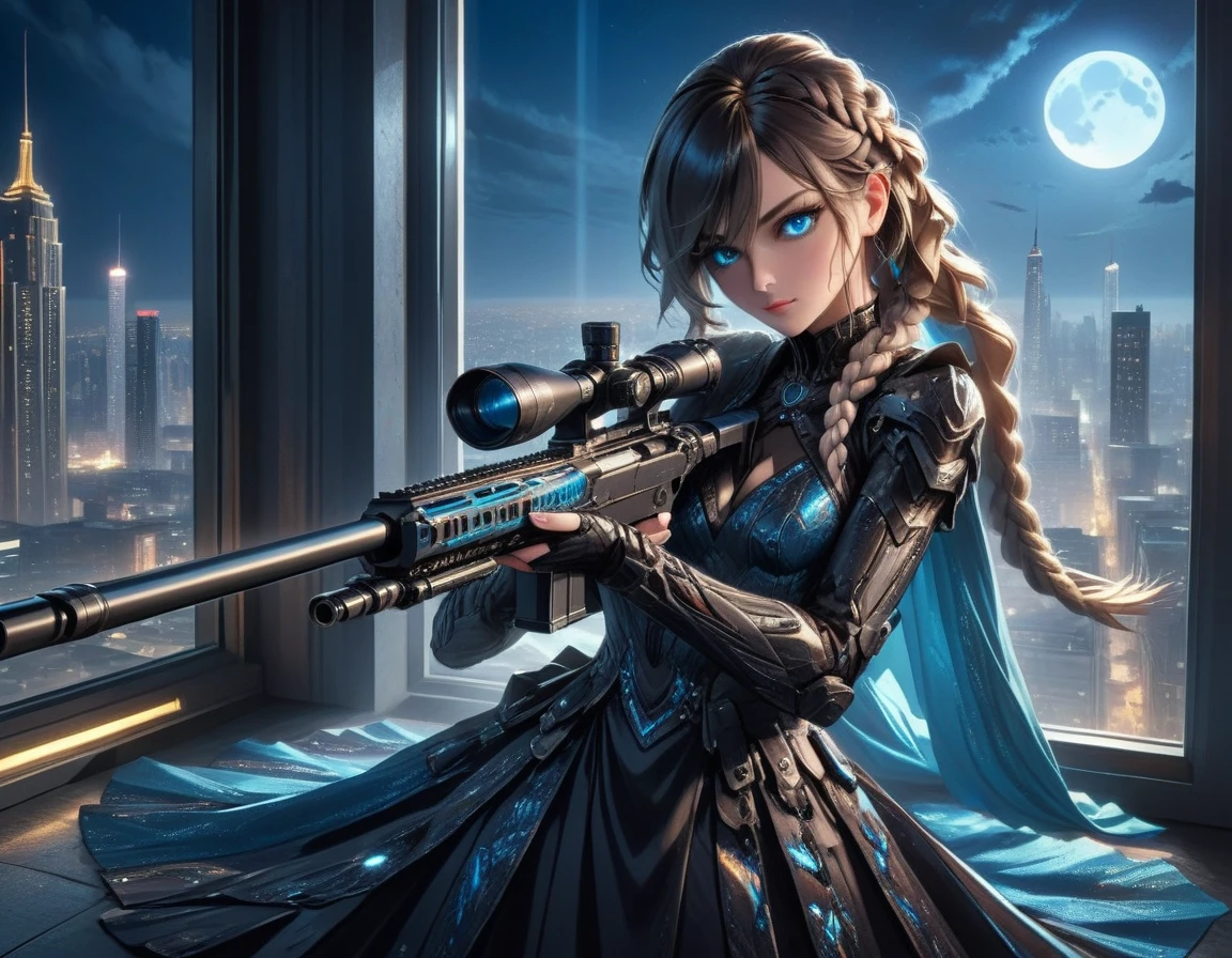 a portrait picture of a 1single woman sniper, standing in a window aiming a sniper rifle, an exotic beautiful woman sniper, dynamic hair, braided hair, full body shop, intense blue eyes, ultra detailed face, wearing (intricate evening dress: 1.5), elegant dress, dynamic color, dynamic style, wearing elegant stiletto heels , behind a window in a tall building at nigh, aiming a Light Sniper Rifle , cyberpunk city background, its night time, moon rays, some clouds,  (full body shot: 1.1) , vibrant, Ultra-high resolution, High Contrast, (masterpiece:1.5), highest quality, Best aesthetics), best details, best quality, highres, ultra wide angle, 16k, [ultra detailed], masterpiece, best quality, (extremely detailed) Sniper Rifle, evening dress