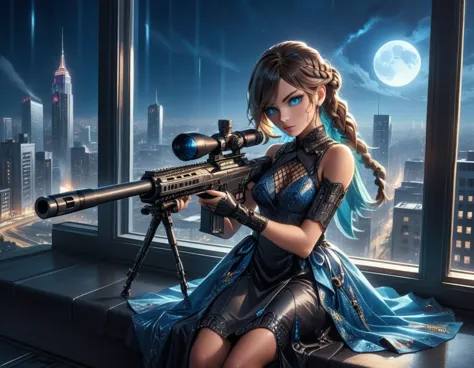 a portrait picture of a 1single woman sniper, standing in a window aiming a sniper rifle, an exotic beautiful woman sniper, dyna...