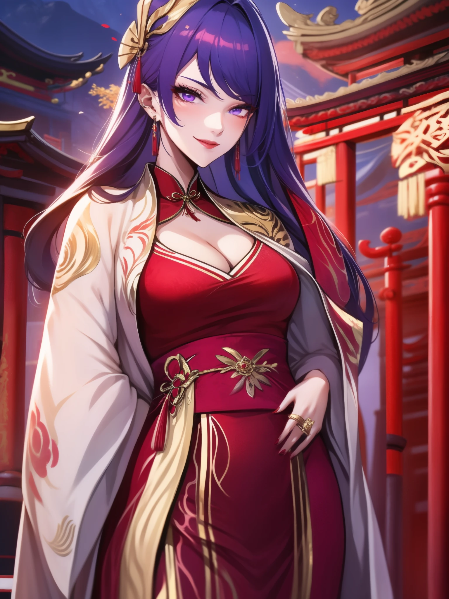 score_9, score_8_up, score_7_up, score_6_up, score_5_up, score_4_up, Raiden shogun, purple eyes, purple long hair, tied hair, hair in a bun, hairpin, traditional Chinese red wedding hanfu dress, Yourqipao Red Embroidery Chinese Xiuhe Hanfu Women's Satin Cheongsam Ancient Traditional Chinese Bride, Wedding Dress, Long Dresses, Long Earrings, Red Lipstick, Detailed Eyes, Traditional Wear, Sexy Attractive, Hot, Traditional, Smiling Wide, Happy, Blush, Gold Jewelry, Gold Earrings, Gold Headpiece and Ring, Gold Necklace, Gold Trimmed hanfu, beautiful bride.