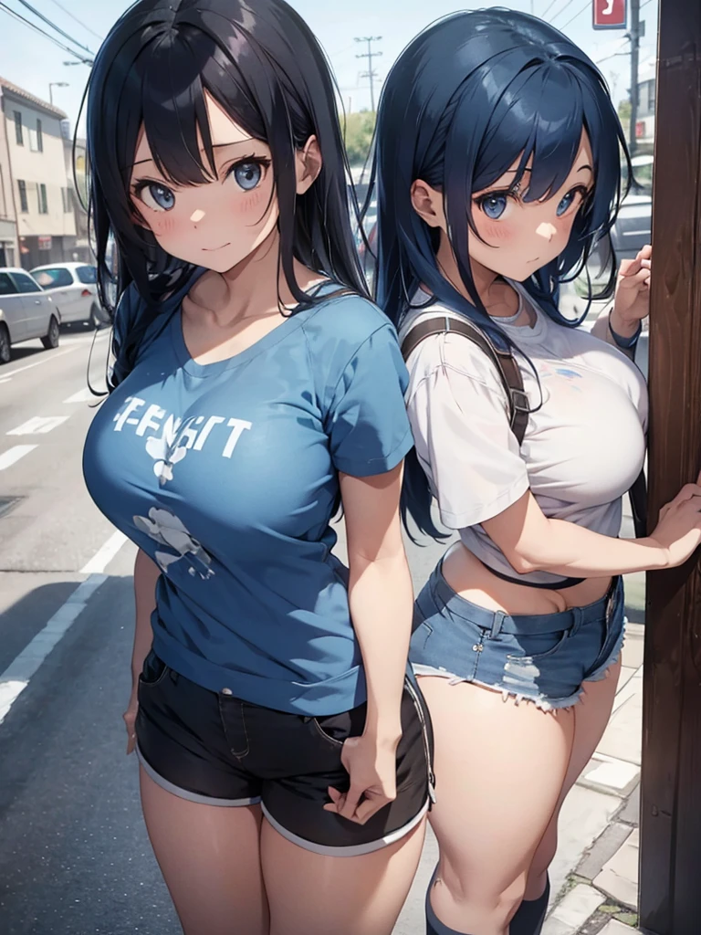 Blue hair, big breasts, butt, doggy style, shorts - SeaArt AI