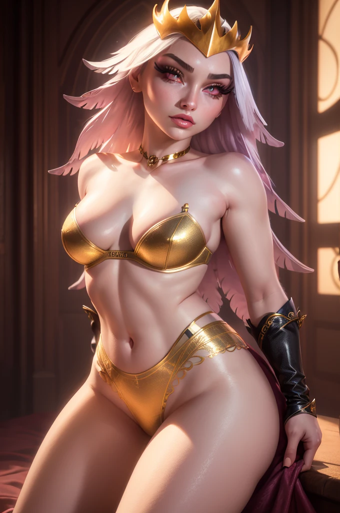 Stella from helluva boss, 1girl, detailed face, beautiful eyes, long eyelashes, small beak, pink and white feathers, golden crown, big breasts, sexy lingerie and leggings, highly detailed, photorealistic, 8k, ultra-detailed, professional, vivid colors, dramatic lighting, fantasy art