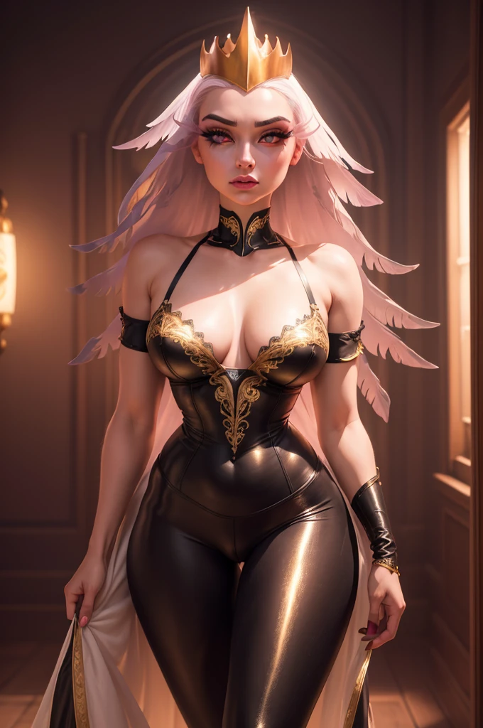 Stella from helluva boss, 1girl, detailed face, beautiful eyes, long eyelashes, small beak, pink and white feathers, golden crown, big breasts, sexy lingerie and leggings, highly detailed, photorealistic, 8k, ultra-detailed, professional, vivid colors, dramatic lighting, fantasy art