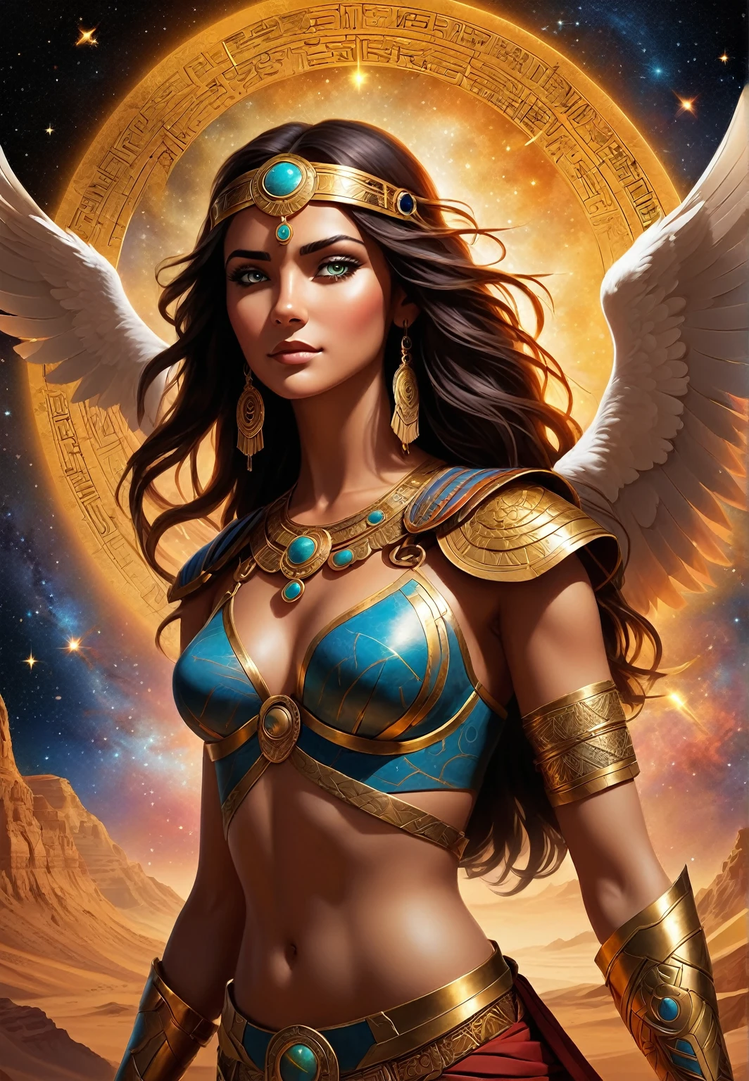 Create an image depicting the "Planet of Archetypes". On this cosmic planet, visualize an eagle soaring across a vast sky, symbolizing strength, vision, and freedom. Integrate Cleopatra's essence subtly into the landscape, embodying wisdom, leadership, and grace. The planet itself should exude a mystical aura, adorned with archetypal symbols like ancient glyphs, celestial patterns, and planetary rings. Ensure the image does not include any visible text or words, focusing solely on visual elements and
