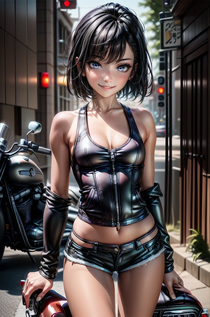 (cowboy shot), (Perfect Anatomy, top-quality, The ultra -The high-definition, high resolution, extremely detailed CG, 8K Unit Wallpapers), 2 lady, solo, beautiful detailed eyes, black hair, short bob hair, blunt bang, (small breasts, statuesque slender body, athletic), gleaming skin, oily skin, (punk fashion, leather jacket, Tank top, micro shorts), (drive a motorcycle,Harley-Davidson), on road, Tokyo, at night