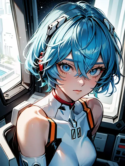 (aerial view),dynamic angle,ultra detailed, illustration, close up, straight, 1 girl, ((rei ayanami, , interface headphones, mon...