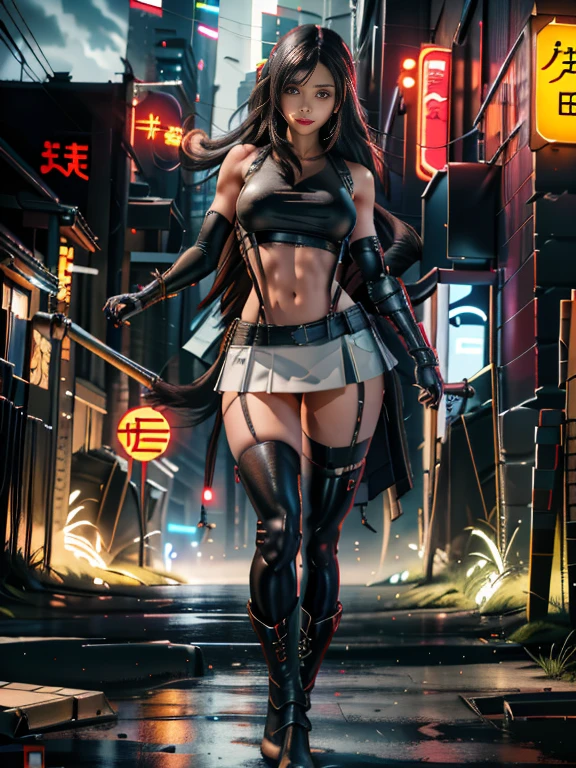 (((nsfw))), (8k, best qualityer, work of art:1.2), (realisitic, photo-realisitic), ultra detali, 1 girl,cute, standing alone, (tifa lockhart), (Breasts huge), (ssmile:1.2), (cloused mouth), erotic pose, posando, neon lights, urban landscape, Depth of field, Depth of field, good composition, Final Fantasy VII, ankle boots, Bblack hair, black thicc thighs, rot boots, elbow gloves, elbow pads, gloves fingerless, stretch shirt, sports well, (suspenders attached to the skirt), thicc thighs, (white top), whole body, pretty long hair, ((rot_eyeballs)), yellow flowers, (natta), bokeh, cinematic lighting, ((nsfw)), perfect shaped breasts, Sakimichan style