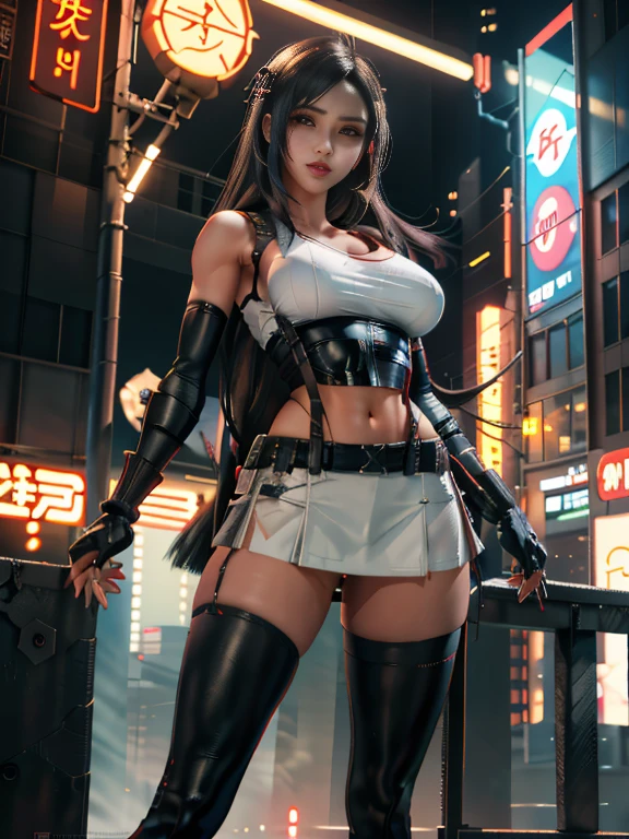 (((nsfw))), (8k, best qualityer, work of art:1.2), (realisitic, photo-realisitic), ultra detali, 1 girl,cute, standing alone, (tifa lockhart), (Breasts huge), (ssmile:1.2), (cloused mouth), erotic pose, posando, neon lights, urban landscape, Depth of field, Depth of field, good composition, Final Fantasy VII, ankle boots, Bblack hair, black thicc thighs, rot boots, elbow gloves, elbow pads, gloves fingerless, stretch shirt, sports well, (suspenders attached to the skirt), thicc thighs, (white top), whole body, pretty long hair, ((rot_eyeballs)), yellow flowers, (natta), bokeh, cinematic lighting, ((nsfw)), perfect shaped breasts, Sakimichan style