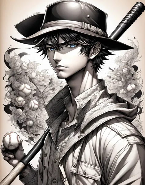 drawing of a man with a hat and baseball bat, shaded cell!!!, shaded cell, anime sketch, shaded cell anime intricate, detailded,...