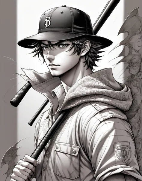 drawing of a man with a hat and baseball bat, shaded cell!!!, shaded cell, anime sketch, shaded cell anime intricate, detailded,...