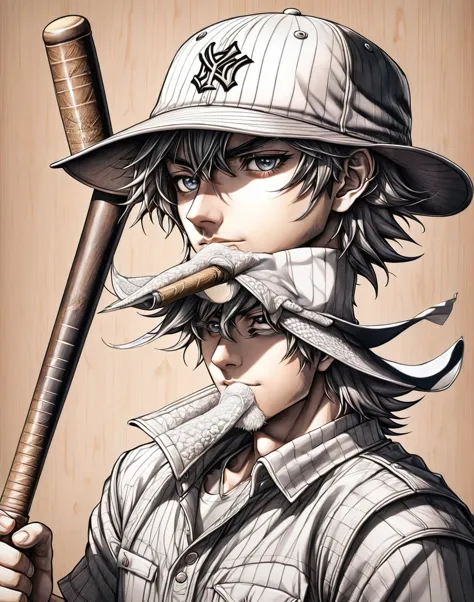 drawing of a man with a hat and baseball bat, shaded cell!!!, shaded cell, anime sketch, shaded cell anime intricate, detailded,...