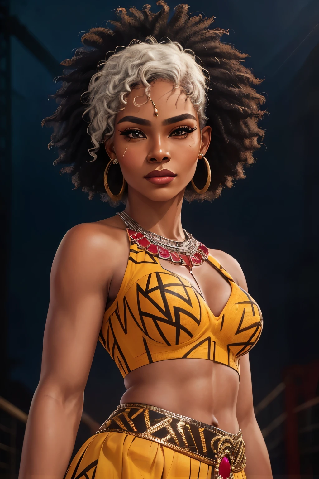 a strong, confident African American woman, detailed facial features, detailed eyes and lips, beautiful flawless skin, afro hairstyle, proud expression, wearing ethnic tribal jewelry and clothing, dynamic pose, dramatic lighting, cinematic composition, vibrant colors, digital painting, highly detailed, photorealistic