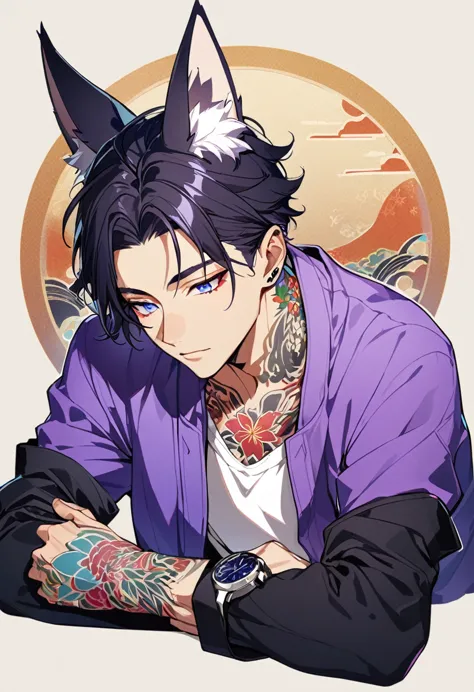 1man, short black hair, fox ears, bright blueviolet eyes, wearing a purple casual jacket, wearing a white undershirt, wearing bl...